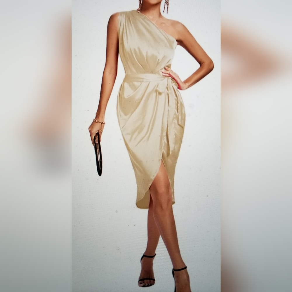 ELEGANT PARTY ONE SHOULDER RUCHED SPLIT WRAP HAM SLEEVELESS DRESS - Picture 9 of 12